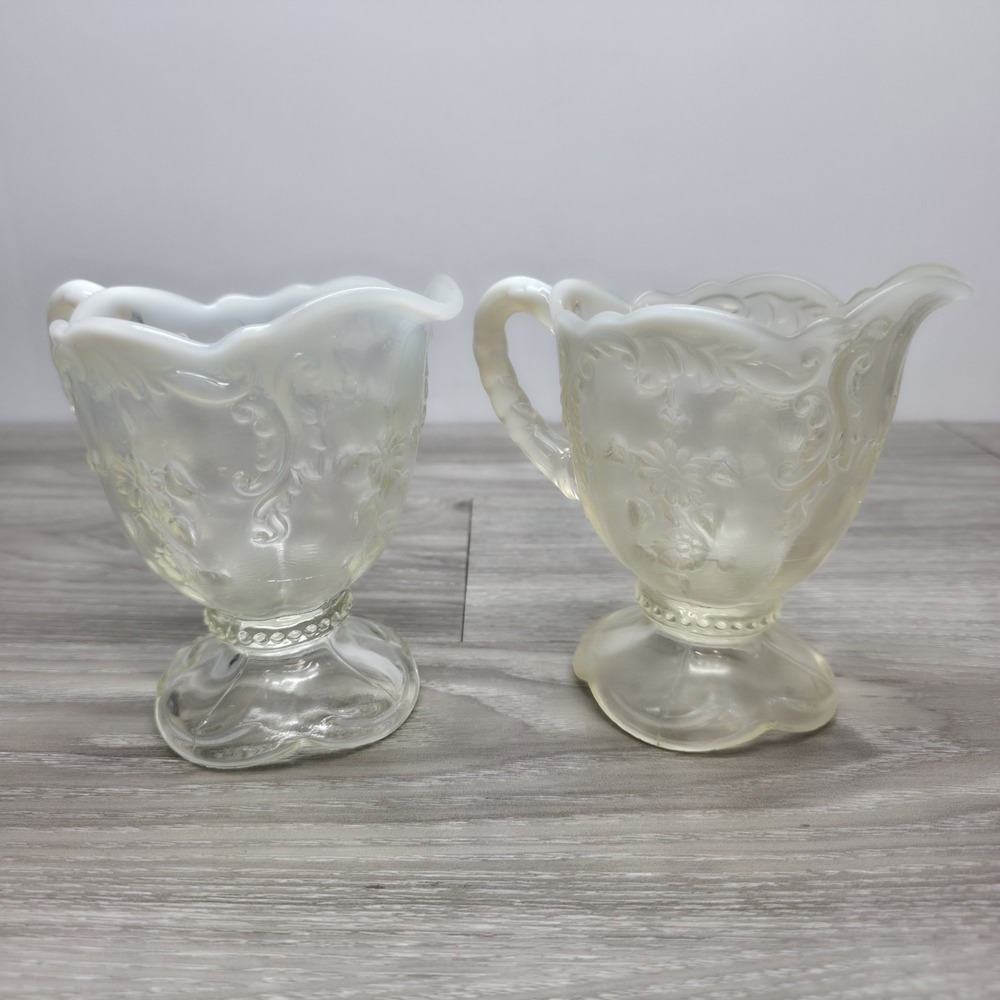 NORTHWOOD INTAGLIO - FLOWER SPRAY WHITE OPALESCENT CREAMER -  SET OF TWO!